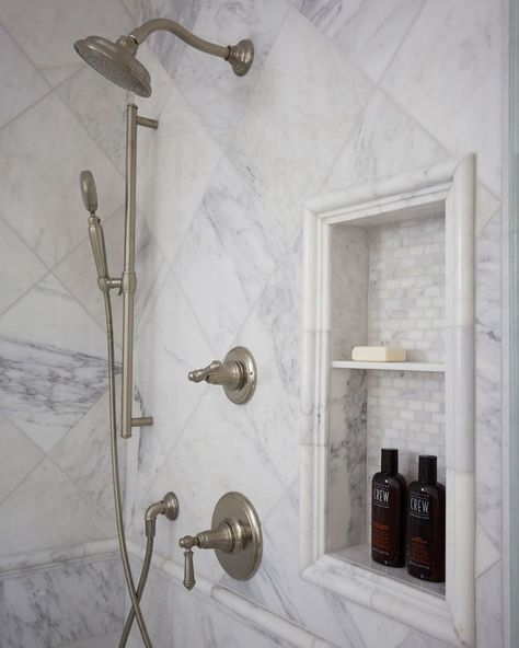 Marble Chair Rail Bathroom, Carrera Bathroom, Marble Shower Niche, Soap Niche, Marble Tile Shower, Half Wall Shower, Carrara Marble Bathroom, Bathroom Niche, Marble Tub