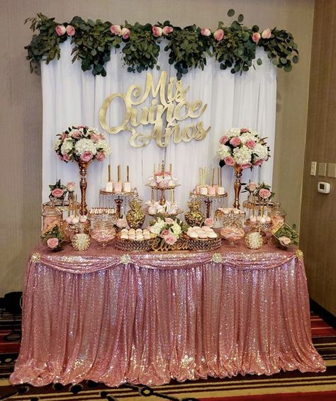 Pink Dessert Tables Quince, Dessert Tables For Quince, Sweets Table Quinceanera, Sweet 15 Candy Table Ideas, 15 Dessert Table Ideas, Quincenera Candy Tables, Quince Cake Table Decorations, 15 Candy Table Ideas, Quinceañera Table Ideas