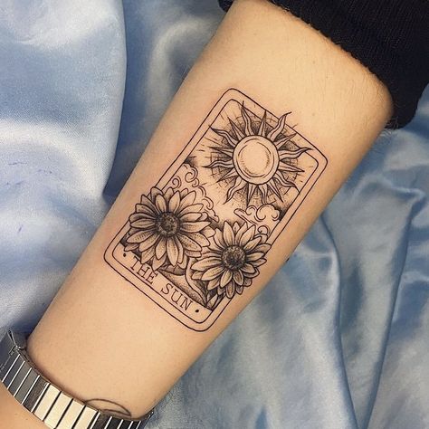 Flower Tarot Card Tattoo, Sunflower Tarot Card Tattoo, Tarot Card Tattoo With Flowers, El Sol Loteria Tattoo, Small Tarot Tattoo, The Sun Tarot Tattoo, The Sun Tarot Card Tattoo, Pantone Tattoo, Sun Tarot Card Tattoo