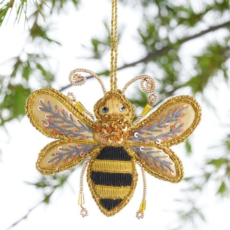 Embroidered Satin Bee Ornament - World Market Bee Ornaments, Embroidered Ornaments, Woodland Ornaments, Bus Driver Gifts, Felt Beads, Unique Christmas Ornaments, Falls Church, Festive Decor, Garden Theme