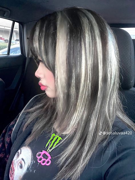 Black Hair With Blonde Highlights, Hair Stripes, Skunk Hair, Hair Color Streaks, Black Hair With Highlights, Hair Streaks, Asian Short Hair, Dyed Hair Inspiration, Ash Blonde Hair