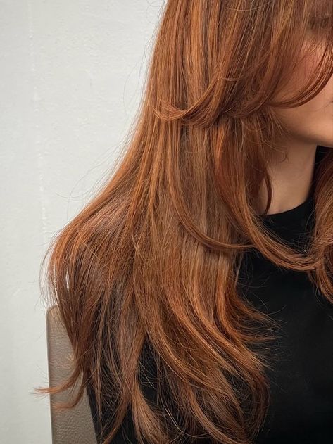 Copper And Gold Hair, Ginger Bob With Bangs, Bright Copper Hair With Highlights, Ginger Long Bob, Bronze Copper Hair, Brunette Ginger Hair, Dark Ginger Hair Color, Ginger Brunette Hair, Blonde Copper Hair