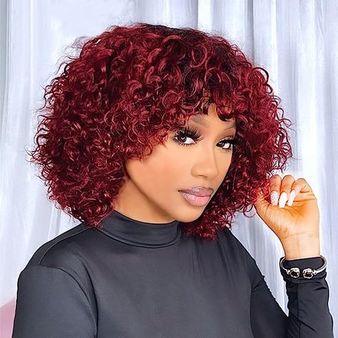 Short Wigs for Black Women with Bangs Hair Material:100% Super Double Drawn Human Hair.Can Be Straightened,Curled.Clean & Healthy & Soft & Bouncy & No Chemical,Can Last Long Time. Curly Bob Human Hair Wigs with Bangs Style Density:99J 200 Density Machine Made Deep Curly Human Hair Wigs with Bangs Colored Curly Wig, Kręcony Bob, Bangs Style, Human Hair Wigs With Bangs, Wig Color, Haircut Designs, Short Curly Bob, Short Curly Wigs, Curly Human Hair Wig