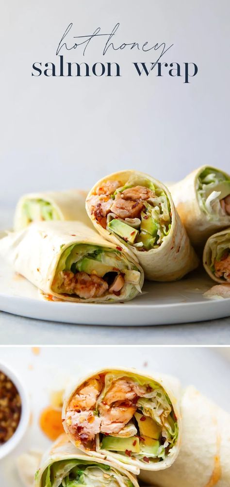 Hot honey glazed salmon, avocado, and a creamy scallion slaw are an incredible trio of flavors in this hot honey salmon wrap. An instant lunch level-up! Leftover Salmon Lunch Ideas, Salmon Ceasar Wrap, Salmon Tortilla Wrap, Hot Honey Salmon, Salmon Wraps, Healthy 2024, Salmon Wrap, Lunch Meals, Honey Glazed Salmon