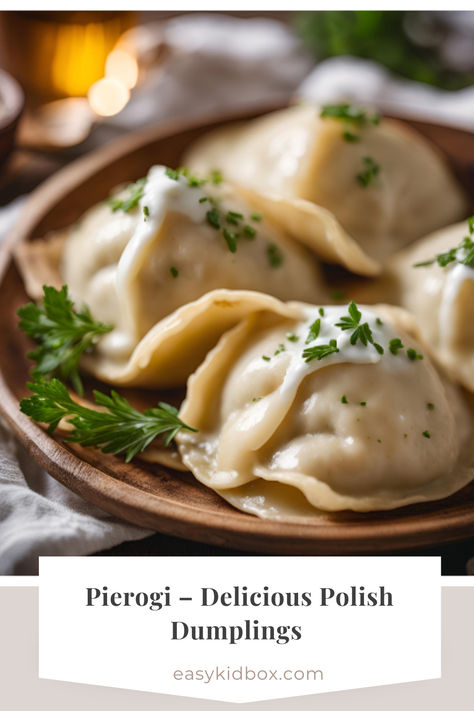 Savor the taste of traditional Polish Pierogi! 

Ingredients:

2 cups all-purpose flour
1 egg
1/2 cup water
1/4 tsp salt
Filling of your choice (potato, cheese, or meat)

Instructions:

Mix flour, egg, water, and salt to form dough.
Roll out dough and cut into circles.
Add filling and fold into dumplings.
Boil in salted water for 3-5 minutes, then serve with sour cream or onions.
Enjoy your homemade Pierogi!

Pin: Save this recipe for a taste of Poland! Homemade Pierogies Polish, Potato Dumplings Polish, Pierogi Dough Recipe Sour Cream, Easy Pierogi Dough Recipe, Best Pierogi Dough Recipe, Perogie Dough Recipe, Pierogi Dough, Polish Dumplings, Polish Pierogi