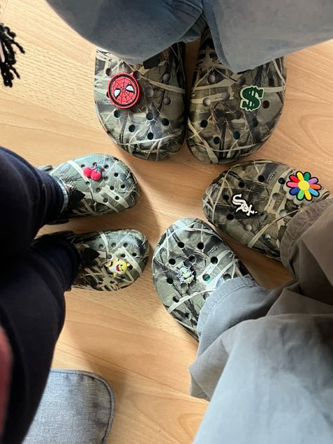 When u and ur fam r 🔥 Camo Crocs With Jibbitz, Camo Crocs Outfit, Crocs Streetwear, Crocs Camouflage, Camouflage Crocs, Camo Crocs, Crocs With Jibbitz, Crocs Ideas, Crocs Outfit