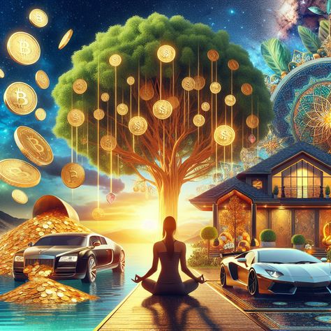 Behold the representation of wealth manifestation - gold coins, flourishing money tree, luxury mansion, high-end sports cars, and valuable gemstones amidst a tranquil setting. Manifest your wealth through visualization. #WealthManifestation #Abundance #Prosperity #FinancialFreedom #LawOfAttraction #WealthCreation. Learn more about wealth manifestation in the link. Symbols Of Wealth And Prosperity, Mantra For Money Wealth, Money Magnet Wallpaper, Brand Aesthetics, Lucky Boy, Wealth Manifestation, Luxury Mansion, Qhd Wallpaper, Mens Gemstone Rings