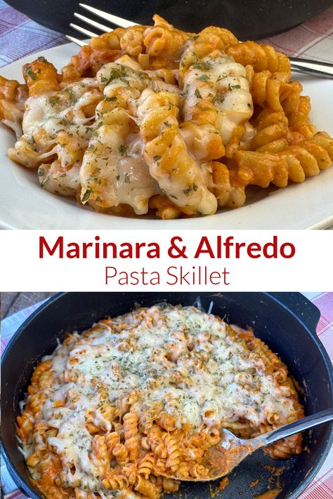 Collage of plate and skillet full of pasta with alfredo and marinara sauce. Raos Marinara Recipe, Chicken Marinara, Red Sauce Recipe, Pasta Marinara, Pasta With Alfredo Sauce, Marinara Recipe, Simple Family Meals, Marinara Sauce Recipe, Pasta Recipes Alfredo