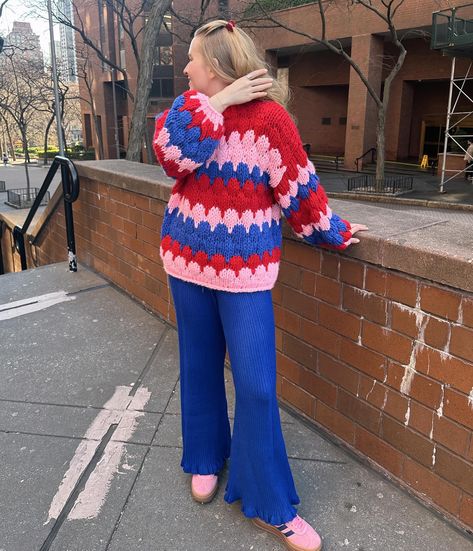 cozy outfit for a Monday 💙❤️🩷 saw @thedaintydetailsblog in this sweater and was obsessed!! outfit kindly gifted from @chicwish ❤️ and linked here: https://liketk.it/4BO7b 🏷️ spring outfit, spring style, colorful style, colorful outfit, colorful fashion, colorful sweater, colorful knit, spring sweater, ruffle pants, colored outfit, spring aesthetic, adidas gazelles, pink adidas, Pinterest girl, Pinterest aesthetic, nyc style, nyc influencer, knit pants Eclectic Winter Outfit, Nyc Influencer, Colorful Winter Outfits, Aesthetic Adidas, Mack Attack, Adidas Gazelles, Sweater Colorful, Aesthetic Nyc, Colorful Knit