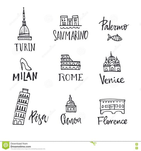 Italian Heritage Symbols | Vector illustration of main italian city symbols with unique lettering ... Italian Tattoos Symbols, Italian Doodles, Italian Lettering, Italy Tattoo Ideas, Italian Symbols, Italy Tattoo, Italian Tattoos, Travel Doodles, Culture Architecture