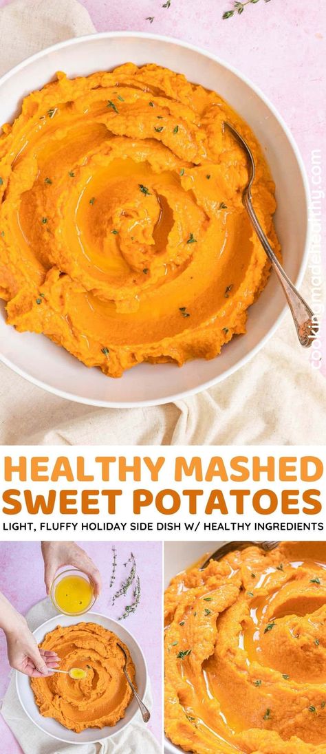 Healthy Mashed Sweet Potatoes are the perfect light and fluffy holiday side. Gluten free, under 200 calories, and made with 6 simple ingredients in just 30 minutes! Mashed Sweet Potatoe Casserole Recipes, Keto Mashed Sweet Potatoes, Sweet Potato Puree Recipes Healthy, Mashed Sweet And White Potatoes, Sweet Potato Mash Healthy, Sweet Mash Potato Recipes, Sweet Potato Mashed Potatoes Healthy, Bariatric Sweet Potato Recipes, Low Sodium Sweet Potato Recipes