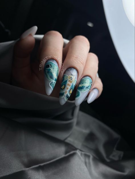 Lunar Moth Nail Art, Moth Nail Design, Luna Moth Nail Art, Lunar Moth Nails, Luna Moth Nails, Moth Nail Art, Moth Nails, Character Nails, Cartoon Nails