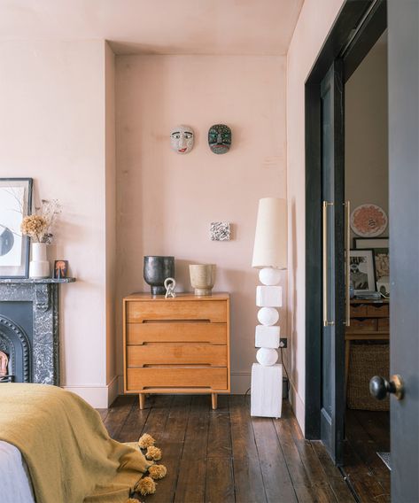 Plaster Pink Hallway, Pale Pink Interior, Setting Plaster Color Palette, Setting Plaster Ceiling, Pale Pink Office Walls, Plaster Wall Colors, Muted Pink Walls, Setting Plaster Farrow And Ball Bedrooms, Brutalist Farmhouse