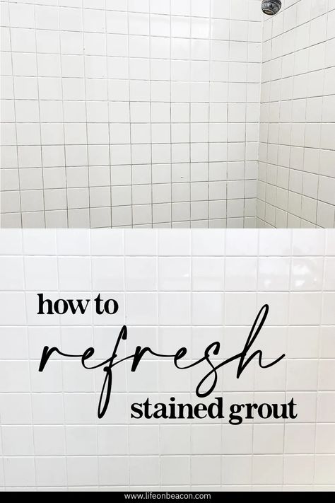 How to refresh stained tile grout for less than $40 Cleaning Old Tile And Grout, Bathroom Grout Color, Grey Grout Bathroom, Stained Grout, Grout Refresh, Can You Paint Tile, Easy Bathroom Upgrades, Shower Grout, Bathroom Grout