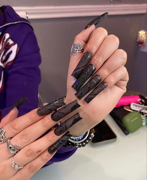 Square Nails Ideas Black, All Black Nails With Design, Graduation Nails, Glamorous Nails, Black Nail Designs, Dope Nail Designs, Prom Nails, 3d Nails, Square Nails