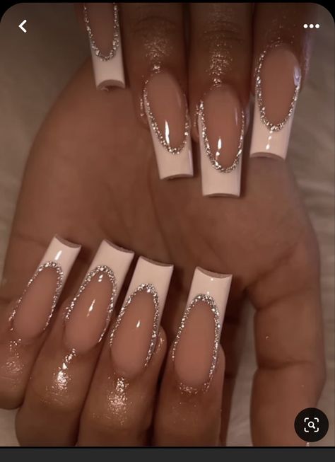 Old Hollywood Glam Nails, Hollywood Glam Nails, Vintage Hollywood Nails, Silver Virgo Nails, Silver Chrome French Tip Nails With Charms, French Acrylic Nails, Glam Nails, Prom Nails, Hollywood Glam