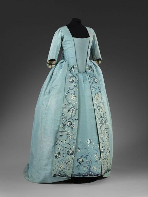 A woman's sack and petticoat, 1750s, French, altered 1780s; Blue ribbed silk, Chinese?, blue & white floral embroidered skirt robings, French; 1750s; altered 1870-1910 1750s Fashion, 1700s Dresses, Late 18th Century Fashion, 18th Century Dresses, Rococo Dress, 18th Century Dress, Rococo Fashion, 18th Century Costume, 18th Century Clothing