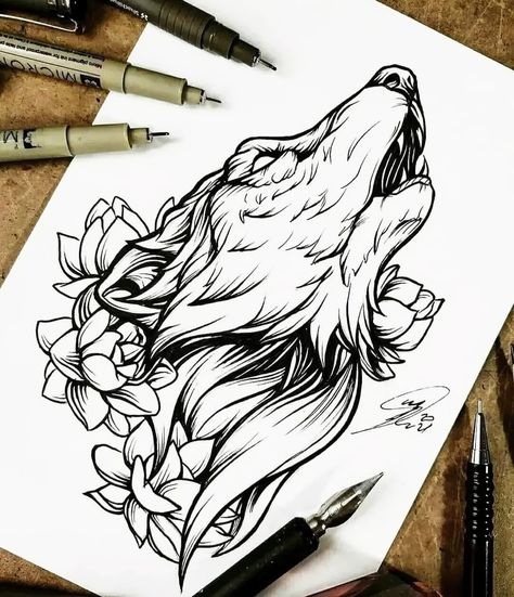 Howling Wolf Tattoo, Witcher Tattoo, Wolf Sleeve, Wolf Tattoos Men, Avengers Drawings, Cool Tattoo Drawings, Nordic Tattoo, Wolf Tattoo Design, Wolf Drawing