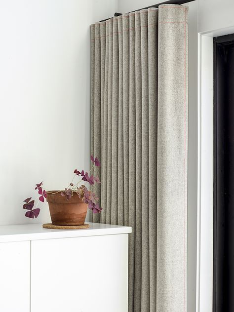 Raw felt curtain with pink stitching Felt Curtains, Soft Furniture, Hall Interior, Custom Drapery, Custom Drapes, Blog Ideas, Trends 2023, Custom Window Treatments, Drapery Panels