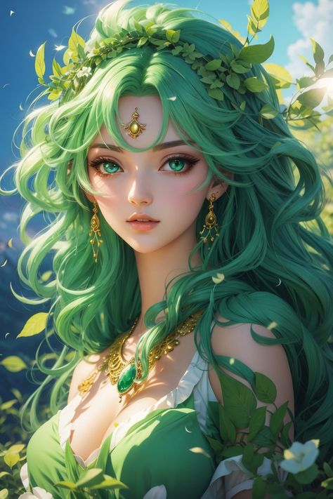 Goddess of life digital art, art, fantasy, green haired girl, green eye girl, goddess, fantasy art, digital art, anime art, anime, ai art, goddess of life ai art Anime Earth Goddess, Goddess Of Time Fantasy Art, Goddess Of Nature Fantasy Art, Goddess Of Life Fantasy Art, Elf Vibe, Nature Goddess Art, Earth Goddess Art, Goddess Oc, Goddess Of Life