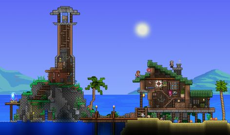 (2) [OC] A beach pylon I built four months ago : Terraria Hallow Pylon Terraria, Ocean Pylon Terraria, Terraria Pirate House, Cute Terraria Builds, Terraria Waterfall, Beach House Terraria, Terraria Pylons, Terraria Beach House, Terraria Base