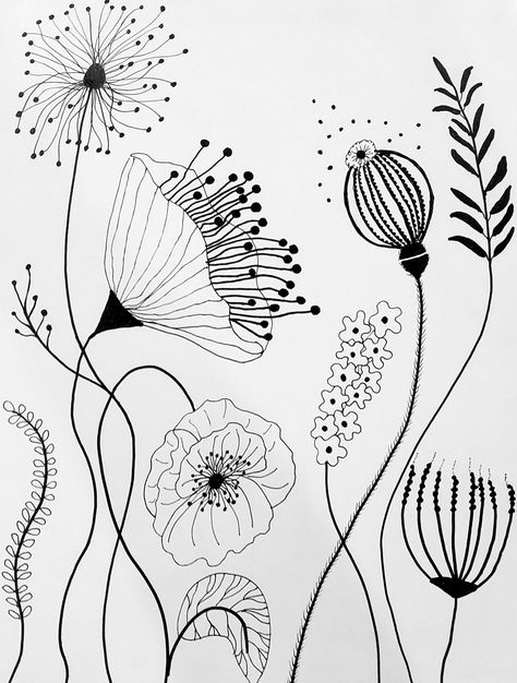 Boho Flower Drawing Illustrations, Bohemian Flowers Drawing, Stick Flowers Drawing, Sgraffito Flowers Design, Black Pen Flower Drawings, Line Embroidery Design Patterns, Floral Marker Art, Drawing Abstract Flowers, Freehand Painting Ideas