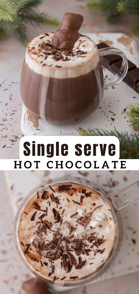 This hot chocolate for one recipe or single serve hot cocoa is all you need to enjoy a relaxing solo night in the middle of the winter. It’s sweet, creamy and so chocolatey, you will absolutely love it! Follow along with this easy hot chocolate recipe to find out how to make it! Hot Cocoa Recipe Single Serving, Homemade Hot Chocolate Single Serving, Hot Chocolate With Real Chocolate, Hot Chocolate Single Serving, Single Serve Hot Chocolate Recipes, Single Hot Chocolate Recipe, One Cup Hot Chocolate, Stove Hot Chocolate, Homade Hot Coco