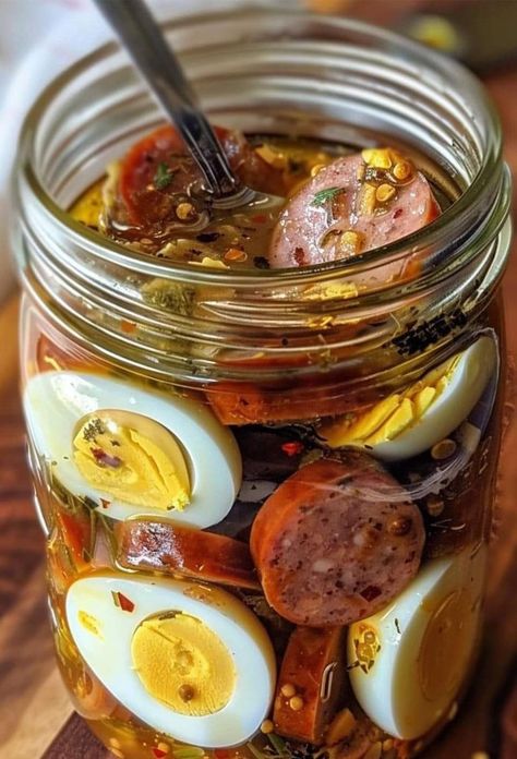 Pickled Sausage, Picked Eggs, Pickled Eggs Recipe, Sausage Ingredients, Brown Recipe, Loaded Mashed Potatoes, Chicken Ham, Mushroom Stroganoff, Pickled Eggs