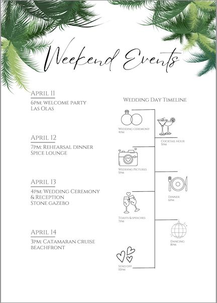 https://www.etsy.com/listing/1519455713/tropical-wedding-welcome-card-timeline?ref=hp_active-mission-recs-rv-1-1 Welcome Sign Destination Wedding, Destination Wedding Schedule, Indian Wedding Events Timeline, Destination Wedding Information Card, Destination Wedding Itinerary Template, Wedding Itenary Template, Destination Wedding Website, Wedding Website Wording, Destination Wedding Timeline