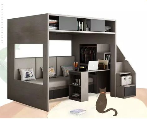 Space saving loft bunk bed Loft Bed With Couch, Loft Bed Studio Apartment, Desk Closet, Bed With Desk Underneath, Couch Desk, Loft Bunk Bed, Modern Loft Bed, Loft Beds For Small Rooms, Bed For Girls Room