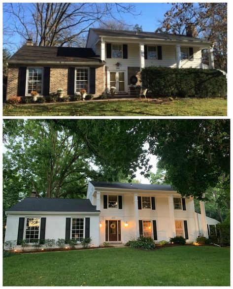 Over 20 Painted Brick and Stone Transformations! - Nesting With Grace Painting Brick Exterior, Brick And Siding Exterior, Painted Brick House Exterior, House Exterior Before And After, Brick House Exterior, Painting Brick, Painted Brick Exteriors, Colonial House Exteriors, Type Of Paint