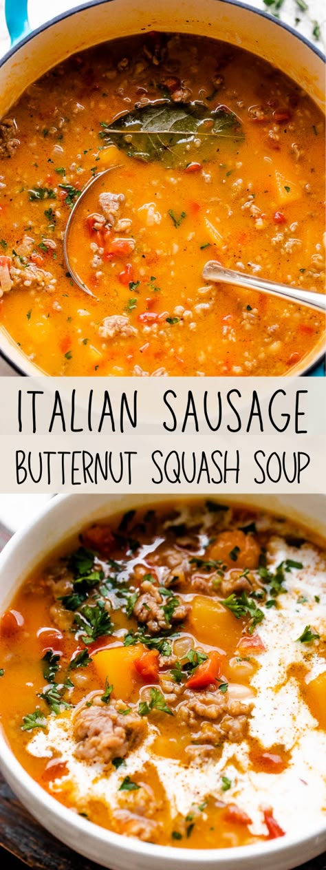 A full-flavored, richly textured meal, this Italian Sausage Butternut Squash Soup has it all: spicy and bold Italian sausage, tender white beans, tangy diced tomatoes, and a base of pureed butternut squash. So, SO good! #italiansausage #sausage #butternutsquash #souprecipes Sausage Squash Recipes, Acorn Squash And Sausage Soup, Small Butternut Squash Recipes, Italian Sausage And Squash Recipes, Sausage Kale Butternut Squash Soup, Butternut Squash Soup With Italian Sausage, Italian Squash Soup, White Bean Butternut Squash Soup, Butternut And Sausage Soup