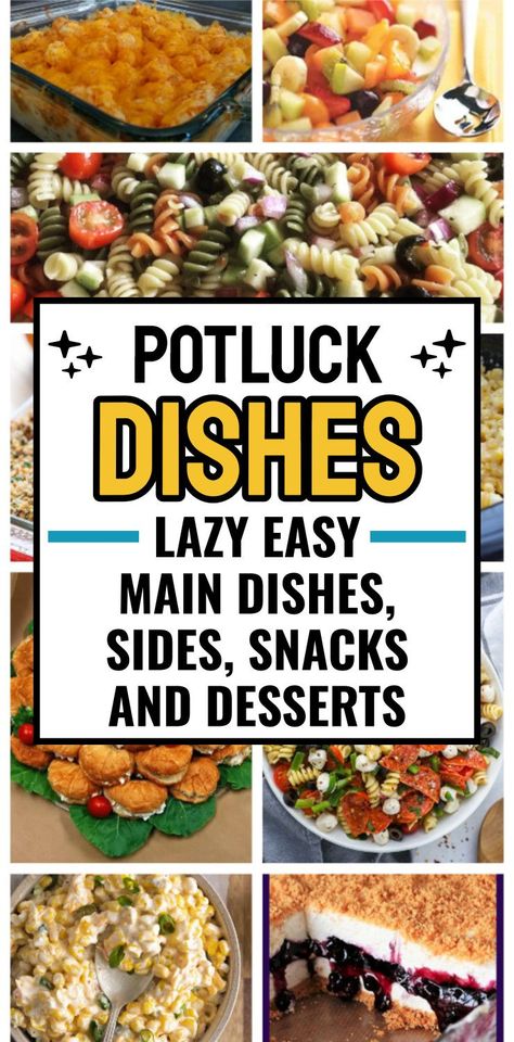 Potluck Dishes To Make And Take To A Pitch In Food Party - lazy easy main dishes, sides, snacks, appetizers and desserts for that potluck at work or family Holiday party. Good Potluck Ideas, How To Feed A Crowd For Cheap, Easy Food For Work Party, Snack For Potluck, Office Lunch Buffet Ideas, Cute Potluck Ideas, Easy Potluck Dinner Ideas, The Best Potluck Dishes, Food To Share At Work