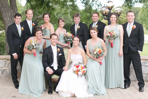 Sage Silk Bridesmaids Dresses with Black Groomsmen Tuxedos Bridesmaid Dresses With Groomsmen, Black Groomsmen Suits, Green Ties, Sage Green Tie, Groomsmen Tuxedos, Silk Bridesmaid Dresses, Black Sage, Sage Bridesmaid Dresses, Green Wedding Dresses