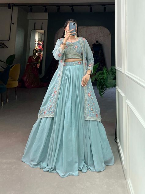 Sky Blue Lehenga, Plain Lehenga, Zip Stitching, Western Lehenga, Embroidery Work Blouse, Red Lehenga Choli, Simple Lehenga, Simple Saree Designs, Georgette Lehenga