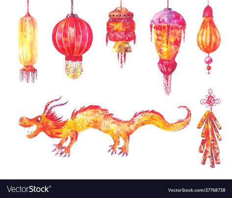 Chinese New Year Watercolor, New Year Watercolor, Watercolor Tomatoes, Dragon Watercolor, Lanterns Paper, Cartoon Dolphin, Watercolor Herbs, Red Lanterns, Chinese New Year Dragon