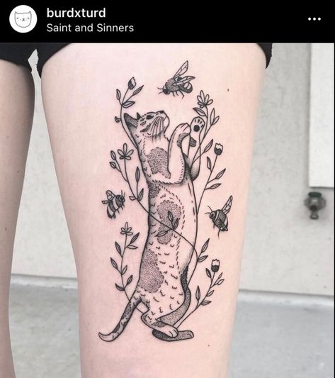 Nature Cat Tattoo, Cat Elbow Tattoo, Cat Nature Tattoo, Boho Cat Tattoo, Patchwork Cat Tattoo, Cat Themed Tattoo, Whimsical Cat Tattoo, Cat Tattoo Forearm, Cat Tattoo Placement