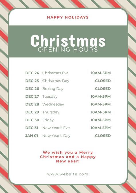 Christmas Opening Hours, Opening Hours Poster, Holiday Hours Sign, Opening Hours Sign, Holiday Hours, Digital Portfolio, Linear Pattern, Opening Hours, New Years Day