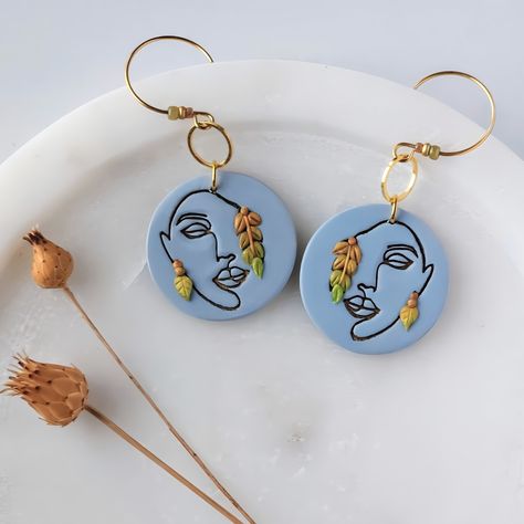 Minimalist One Line Face Earrings with Budding Gold Leaves on Blue, Hand Stamped Artistic Clay Earrings with Beaded Hypoallergenic Hooks by SparkBirdStudioLLC on Etsy One Line Face, Antique Gold Mirror, Artsy Earrings, Line Face, Face Jewelry, Beads Design, Face Jewellery, Earrings Polymer, Mossy Green