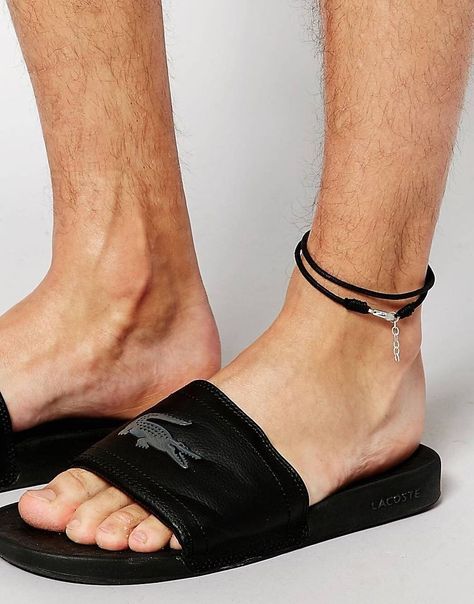 Slide Sandals Outfit, Black Anklet, Leather Anklets, Men Slides, Male Fashion Trends, Fashion Days, Men's Sandals, Hand Chain, Male Fashion