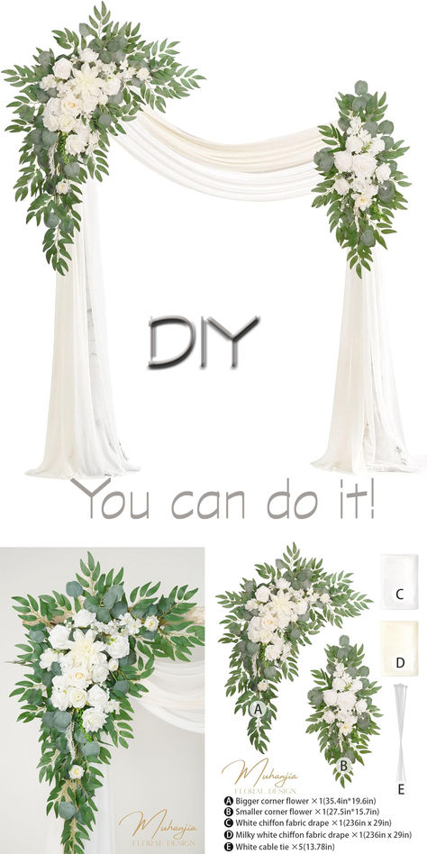 Save on your wedding budget and DIY. Very easy to install and looks amazing. Install complete in less than an hour. Everything you need in one kit. The arch flower kit package includes 1 x bigger corner flower measures 35.4" long x 19.6" wide+ 1 x smaller corner flower measures 27.5" long x 15.7" wide+ 2 x different color chiffon fabric drape of 236"long x 29"wide+ 5 x white cable tie 13.78"long. Arch Flowers, Floral Party, Rose Decor, Draped Fabric, Budget Wedding, Chiffon Fabric, Artificial Flowers, Different Colors, Champagne