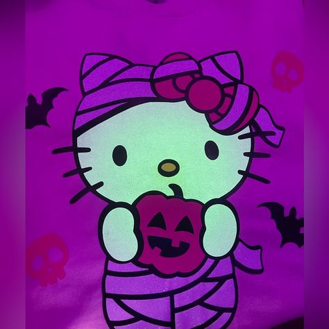 Glow In The Dark Spooky Hello Kitty T Shirt. The Shirt Is Brand New But Stickers Are Off Because I Made The Design On The Shirt! Hello Kitty T Shirt, Croft And Barrow, Purple Tee, Hello Kitty Birthday Party, Hello Kitty Aesthetic, Hello Kitty Halloween, Hello Kitty Birthday, Hello Kitty Collection, Halloween Pictures