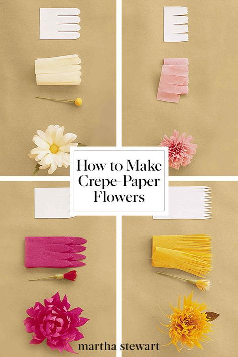 How to Make Crepe Paper Flowers | Crepe-paper flowers capture the essence of flowers without all the botanical details.  Their whimsy makes them not only a pleasure to behold, but also an enjoyable project to undertake.  Plus they're far more durable than their natural cousins-and won't wilt and droop.  Find out here how to make tulips, peonies, lilies, roses and more.  #crafts #paperflowers #marthastewart #papercraft Crepe Paper Flowers Diy, Giant Paper Roses, Paper Rose Template, Crepe Paper Roses, Tissue Paper Flowers Diy, Paper Peonies, Paper Flowers Wedding, Large Paper Flowers, Paper Flower Template