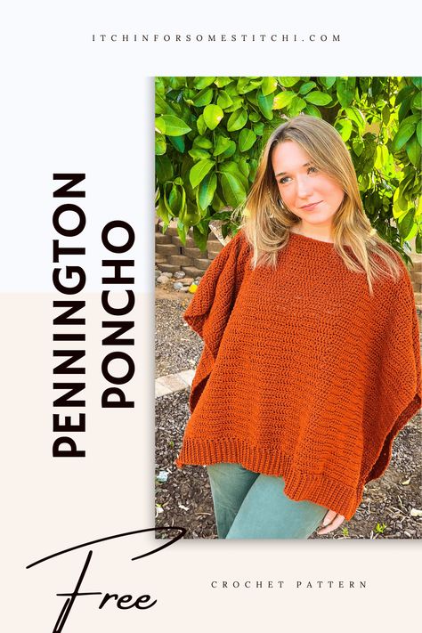 Comfortable and classy. The Pennington Poncho is perfect for the fall to winter transitional season. Use it as a layering piece or simply wear it for style! Designed using basic crochet stitches with no frills, this poncho is easy enough for beginners. Crocheters of all levels will love this one! Crochet Fall Poncho Free Pattern, Crochet Rectangle Poncho Free Pattern, Crochet Poncho Sweater, Crochet Poncho Free Pattern Woman Easy, Crochet Poncho Pattern, Free Crochet Poncho Patterns, Crochet Poncho Free Pattern Woman, Crochet Poncho Free Pattern, Fall Crochet Patterns