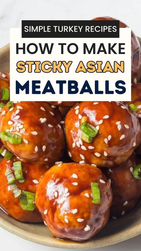 Delicious healthy sticky Asian turkey meatballs that super easy to make. Simply mix, oven bake and toss them in this tasty sauce then serve. Make this an easy meal by using leftover ground turkey! Serve these easy sticky and saucy Asian meatballs with rice, noodles or soup. An easy appetizer, side dish, lunch and dinner or superbowl party food option if you're cooking for a crowd! Leftover Ground Turkey, Bbq Turkey Meatballs, Meatballs With Rice, Easy Turkey Meatballs, Asian Turkey Meatballs, Asian Turkey, Easy Turkey Recipes, Asian Meatballs, Chinese Foods