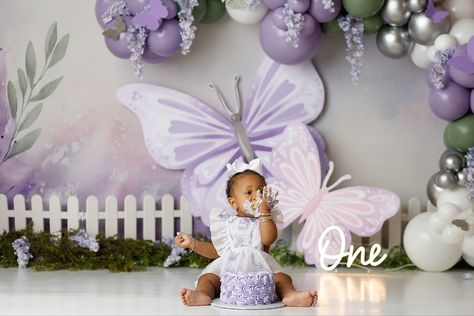 butterfly theme photoshoot Kiddie Background, 1 Birthday Photoshoot, Baby Reference, Studio Background Ideas, Theme Photoshoot, 1st Birthday Photoshoot, Half Birthday, 1 Birthday, Background Ideas