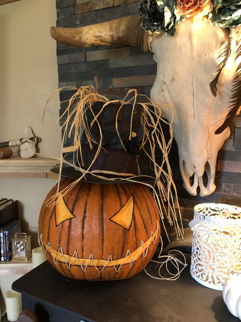 Scarecrow, sewing, top hat, sewn mouth Pumpkin With Top Hat, Sewn Mouth, Sewing Top, Scary Pumpkin, Halloween House, Scarecrow, Top Hat, Kids Crafts, Pumpkin Carving