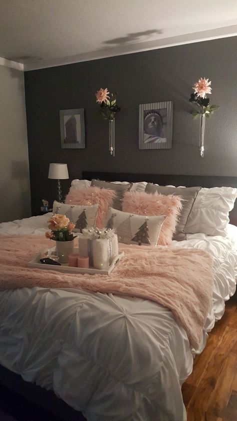 Grey Silver Pink Bedroom, Room Ideas Bedroom Pink And Grey, Pink And Gray Master Room, Pink White Silver Bedroom, Black Grey Blush Bedroom, Light Pink Grey And White Bedroom, Blush Pink Gray And White Bedroom, Pink Gray Black And White Bedroom Room Ideas, Bedroom Ideas Gray And Pink