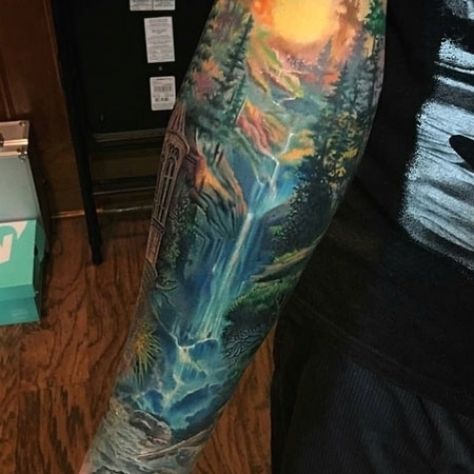 Nature Sleeve Tattoo, Waterfall Tattoo, Nature Sleeve, Colorful Sleeve Tattoos, 27 Tattoo, Sleeve Tattoos For Men, Nikko Hurtado, Cream Tattoo, Nature Tattoo Sleeve