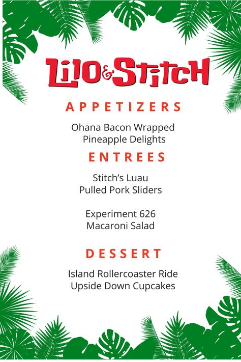 Lilo And Stitch Menu Ideas, Lilo And Stitch Themed Food, Disney Meals, Stitch Bday, Turtle Movie, Disney Themed Movie Night, Disney Themed Food, Lilo And Stitch Movie, Disney Menus